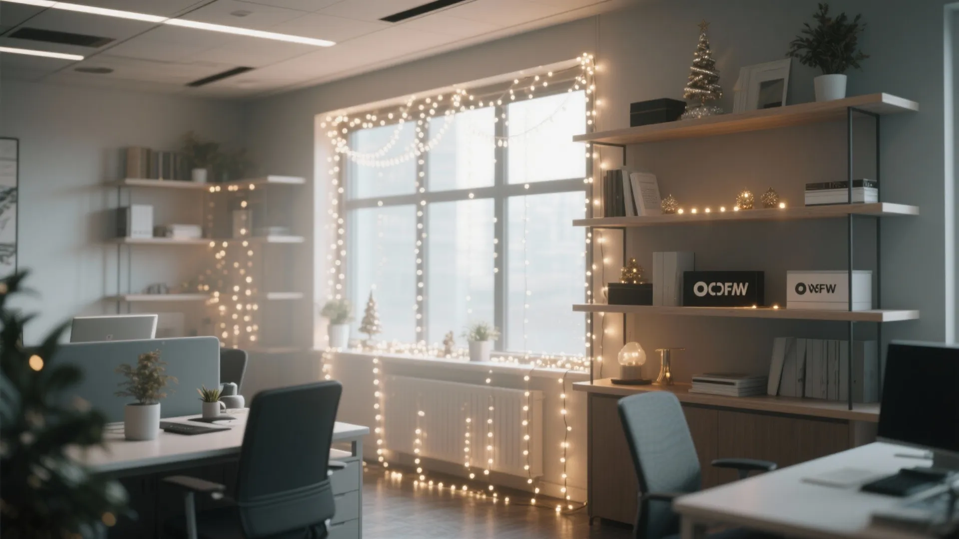 Modern office space decorated with string lights on windows and shelves for the festive season