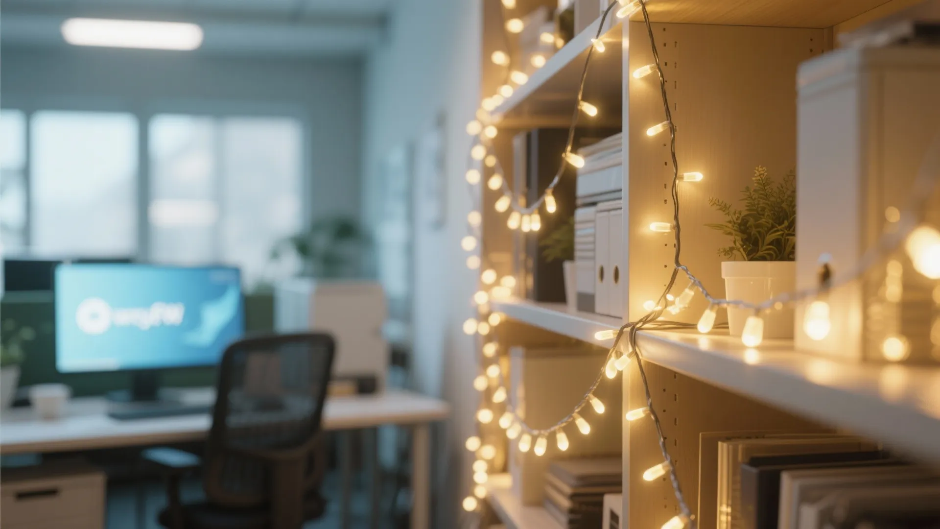 Warm string lights decorate a wooden bookshelf in a modern office with a desk monitor