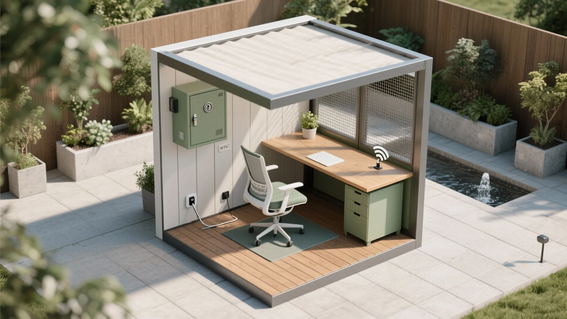 Top‑down layout showing compact desk, chair clearance, shade, storage, and power routing