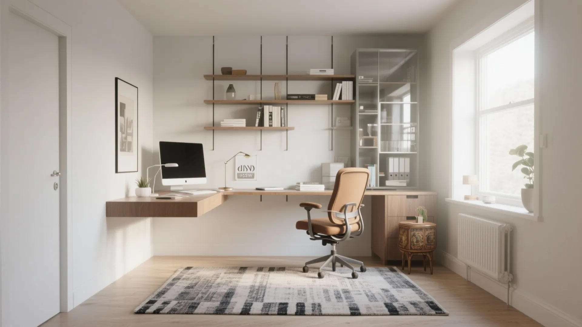 Modern home office with white walls wooden desk brown chair rug cabinet and large window view
