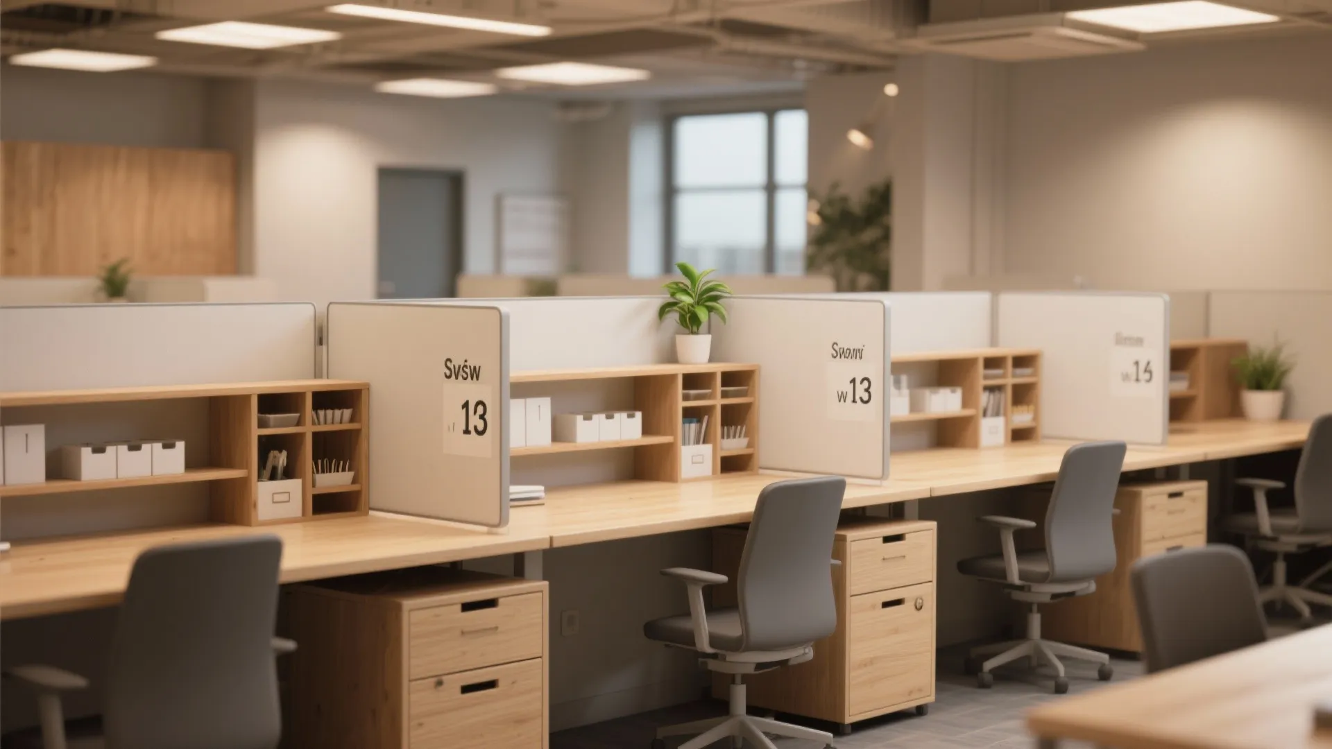 Shared desk showing clearly labeled personal drawers and a shared shelf to prevent conflicts.