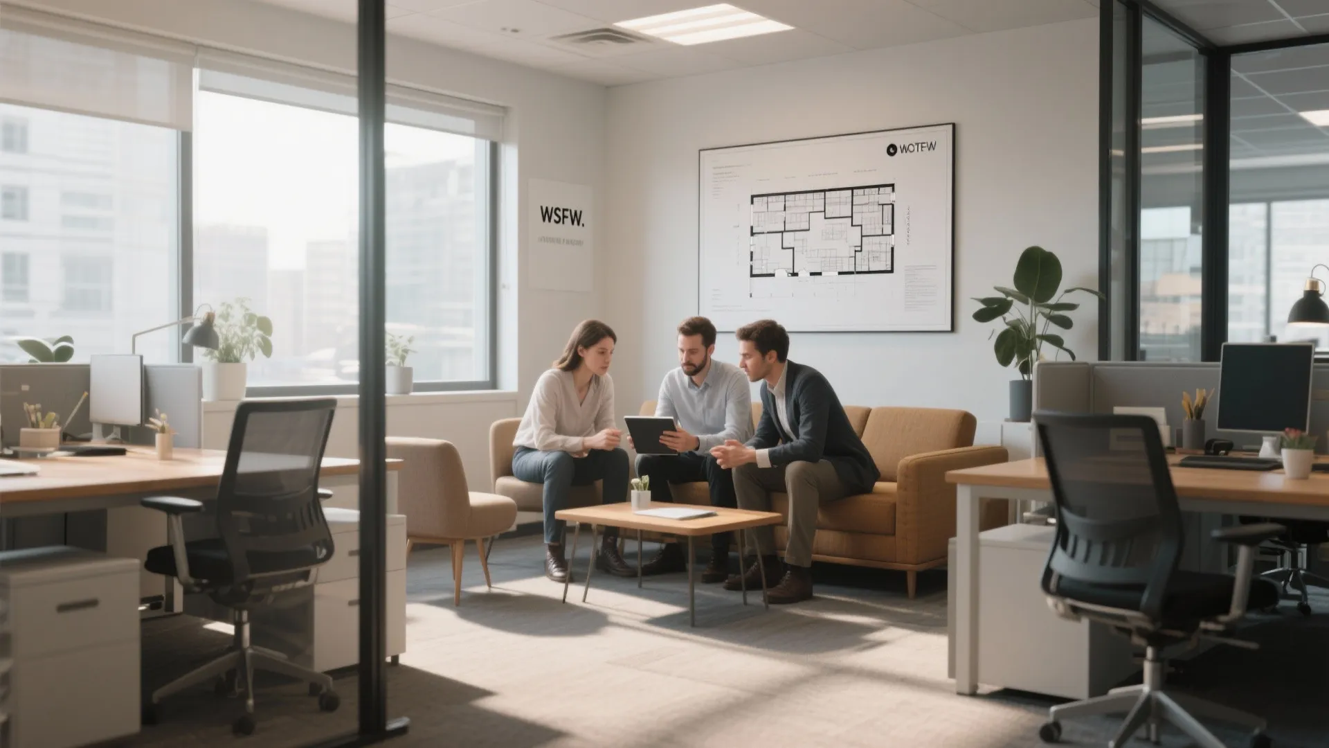Small rented office scene with a team reviewing a tablet floor plan, modular furniture and natural light for FAQ illustration.