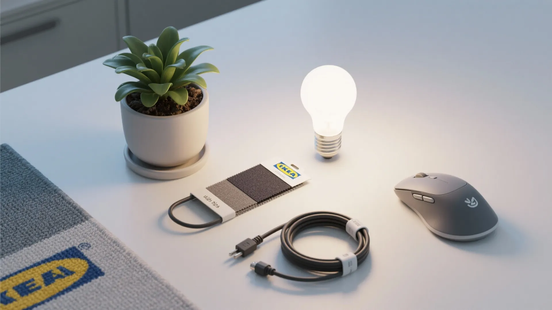 White desk with small plant glowing light bulb computer mouse and some basic office cable accessories