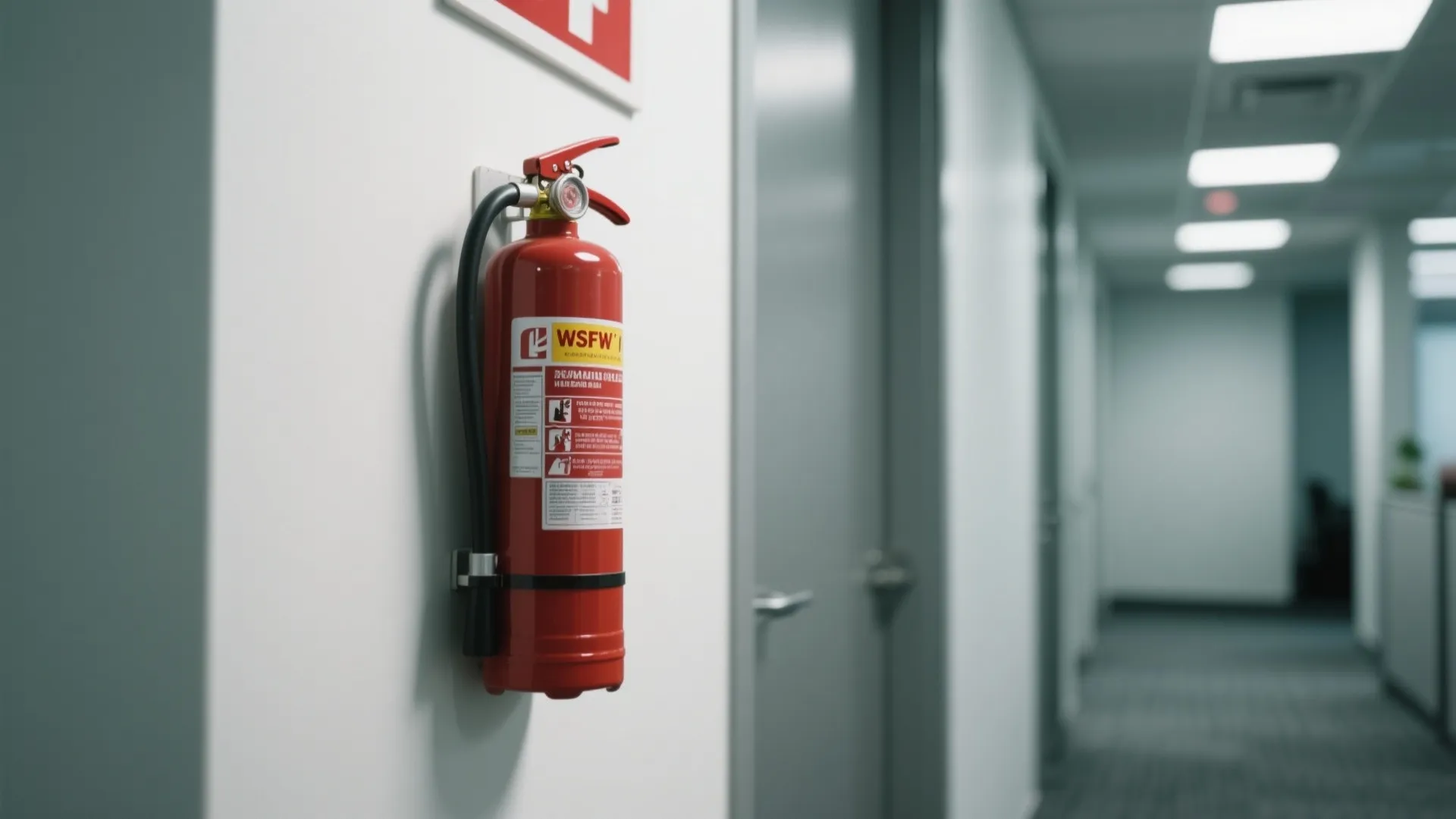 Red fire extinguisher mounted on white wall in modern office hallway with bright ceiling lights