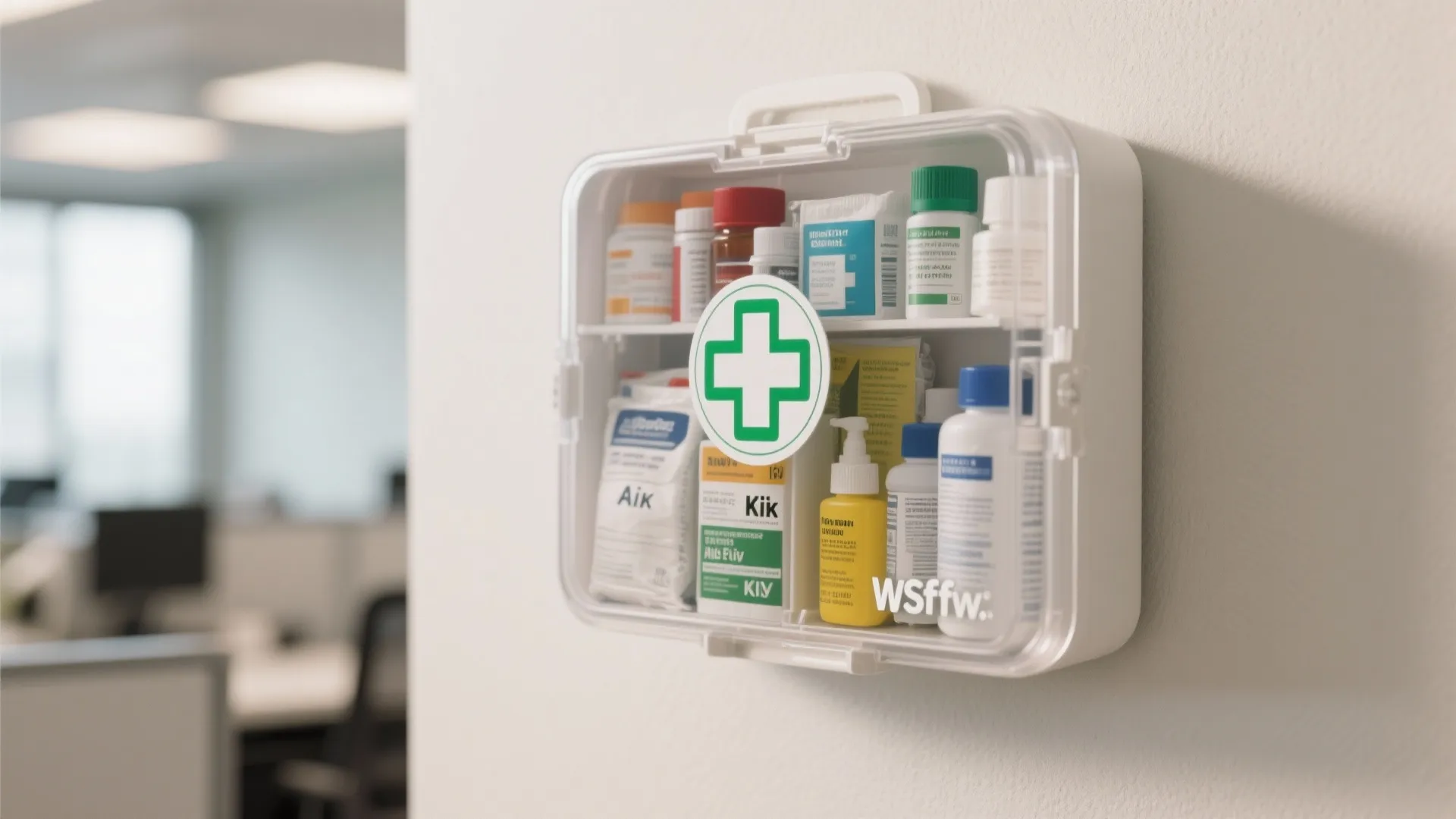 White first aid kit with a green cross mounted on a wall containing various medical supplies