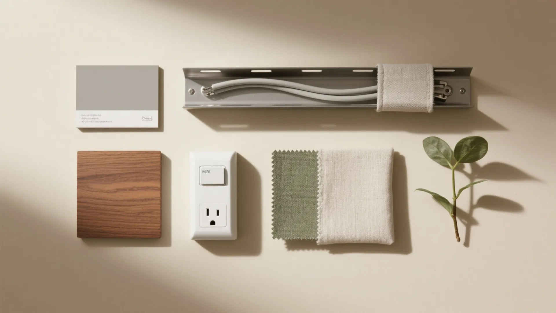 Interior design material board with wood sample grey color swatch power outlet fabric and leaves