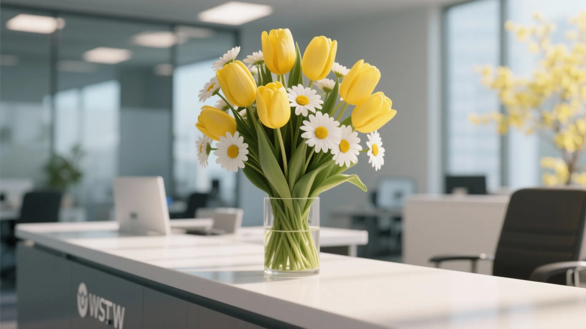 A glass vase with yellow tulips and white daisies sitting on a bright office desk