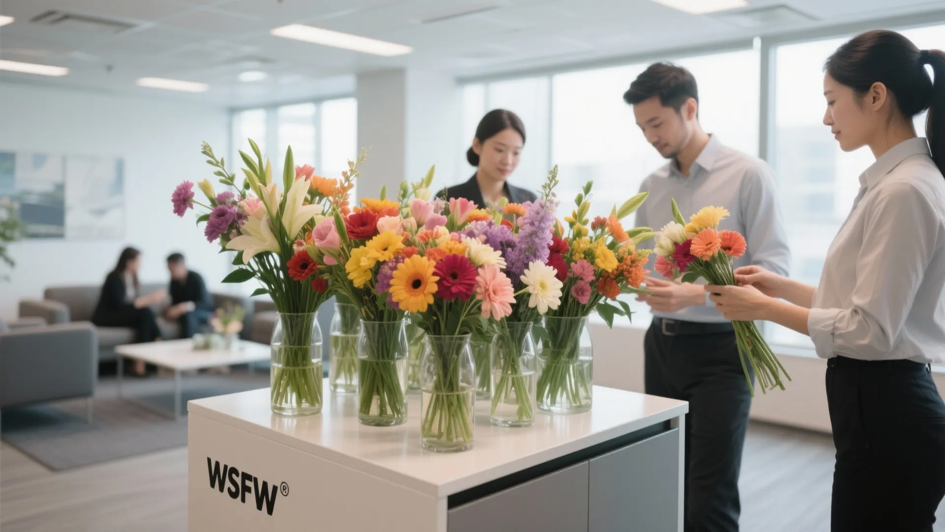 Office employees arranging colorful flower bouquets in glass vases on a white cabinet furniture piece