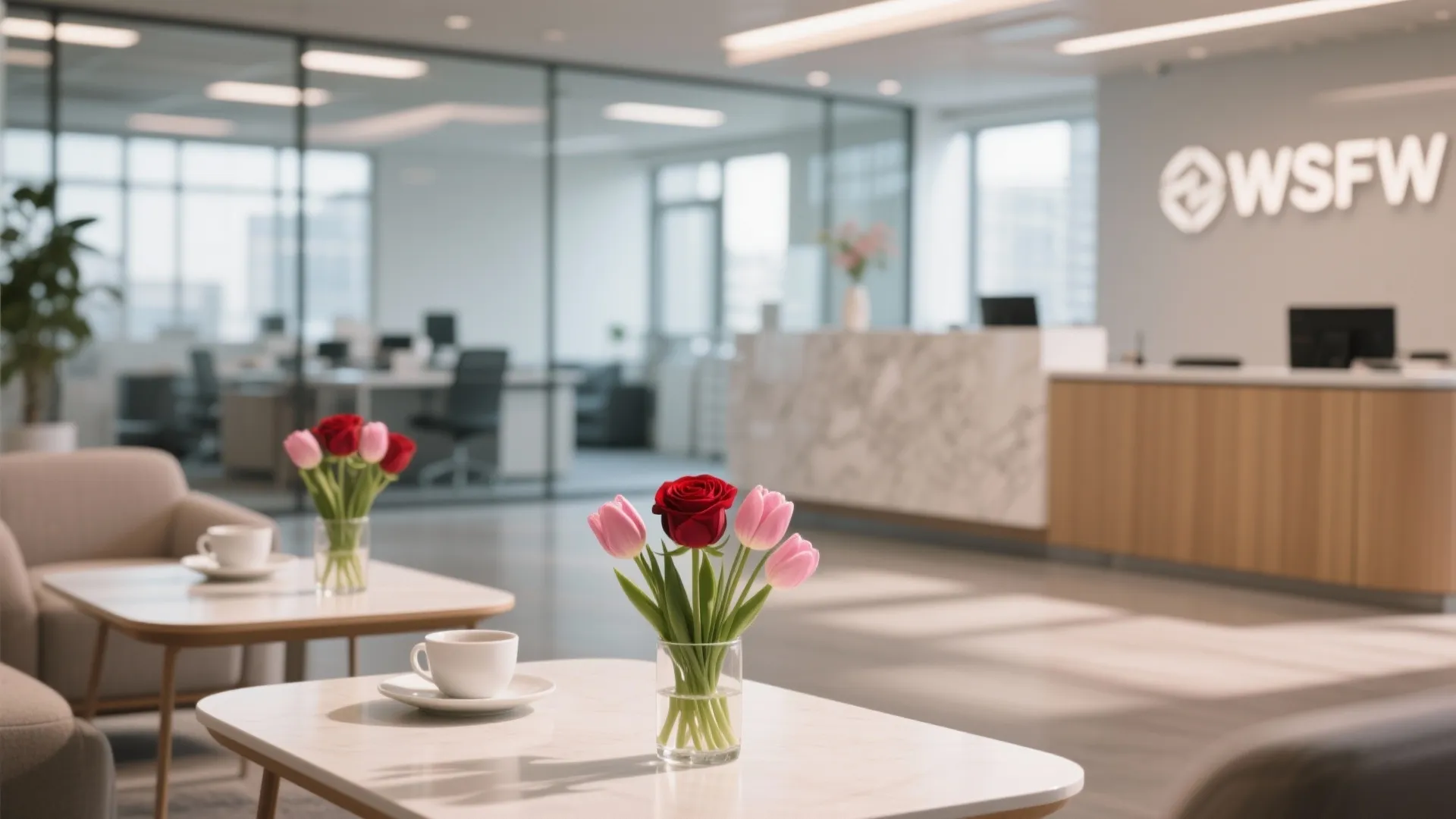 Office waiting area with marble tables holding white coffee cups and vases of fresh flowers
