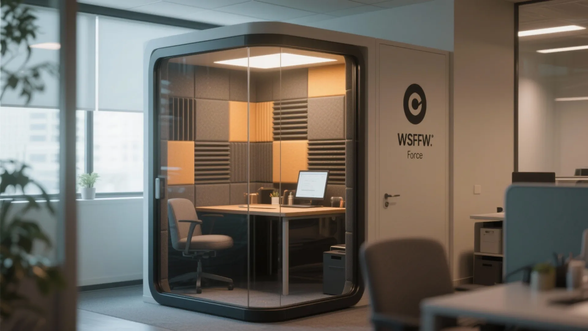 Private glass office pod with desk, chair, computer, and soundproof wall panels in modern workspace