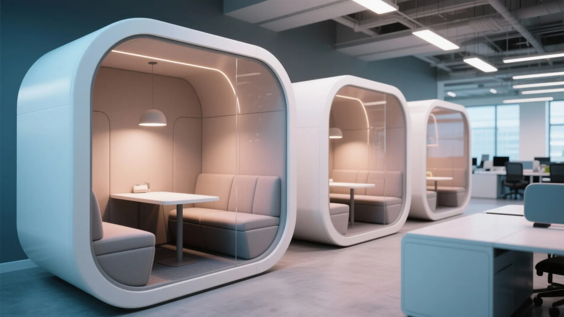 Three white private office pods with glass doors, grey sofas, small tables, and soft warm lighting
