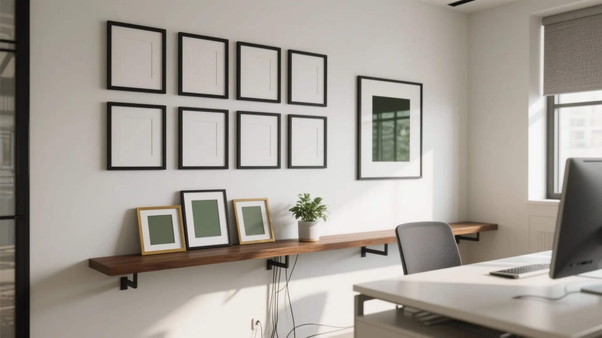 Modern office space with black frames on white wall wooden shelf desk and computer screen