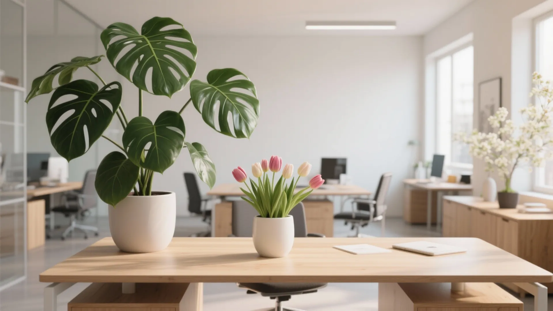 Modern bright office with potted plants and spring flowers