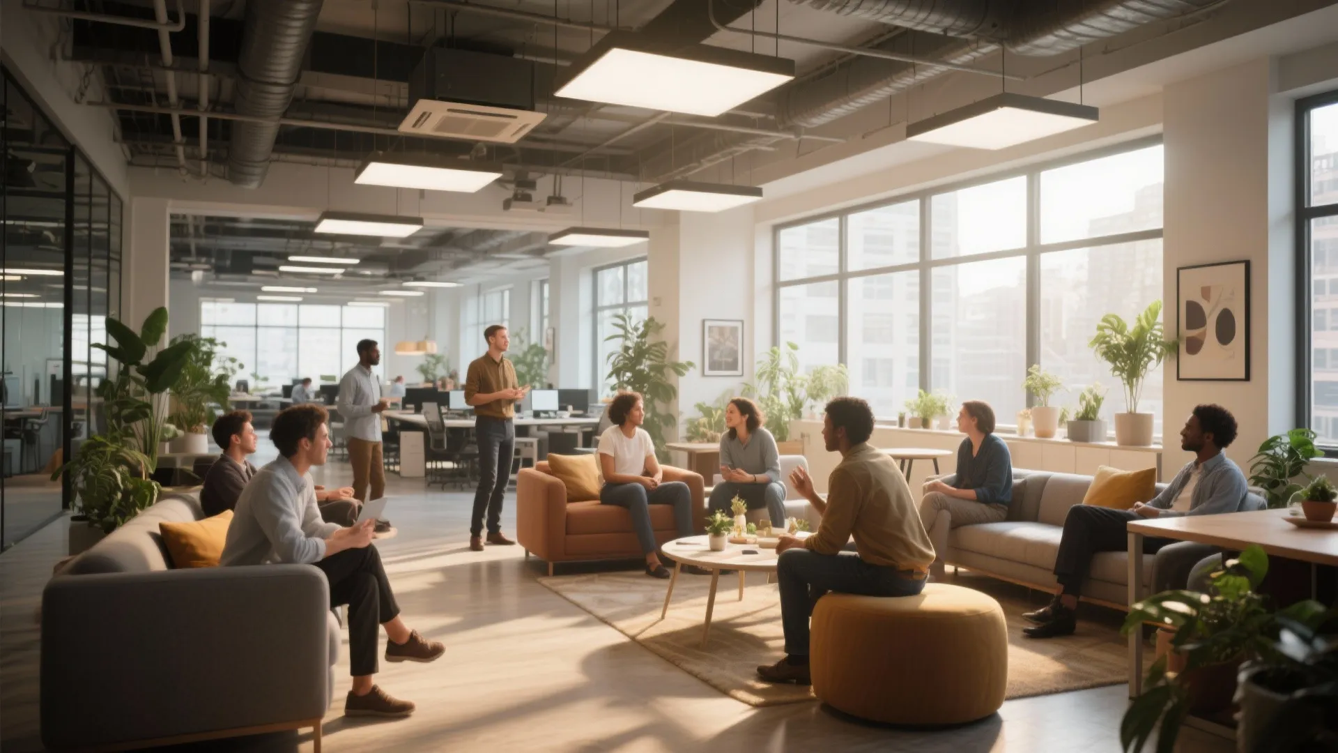 Modern open plan office with people sitting on sofas and a footrest for casual meeting