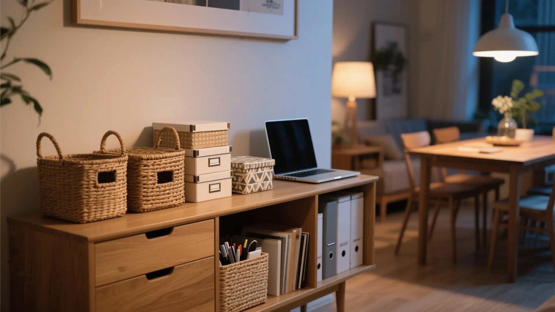 Baskets and boxes storing office gear beside a dining table