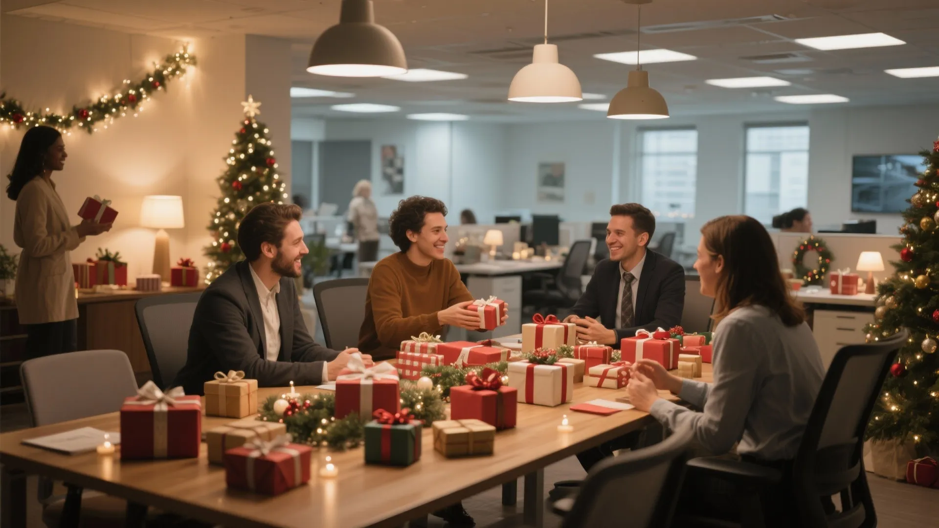 Office employees celebrating Christmas gift exchange around a wooden table decorated with lights and trees