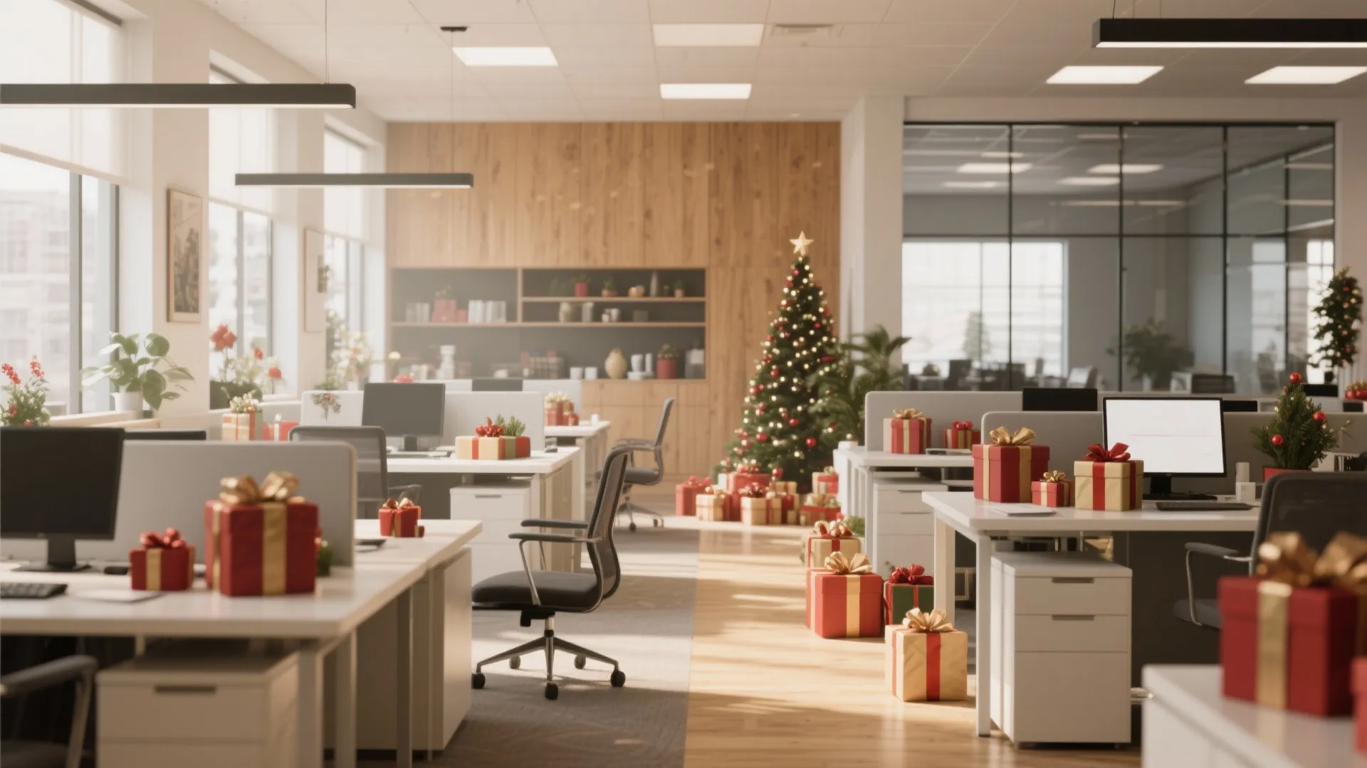 Modern office interior decorated with a Christmas tree and red gift boxes on white work desks