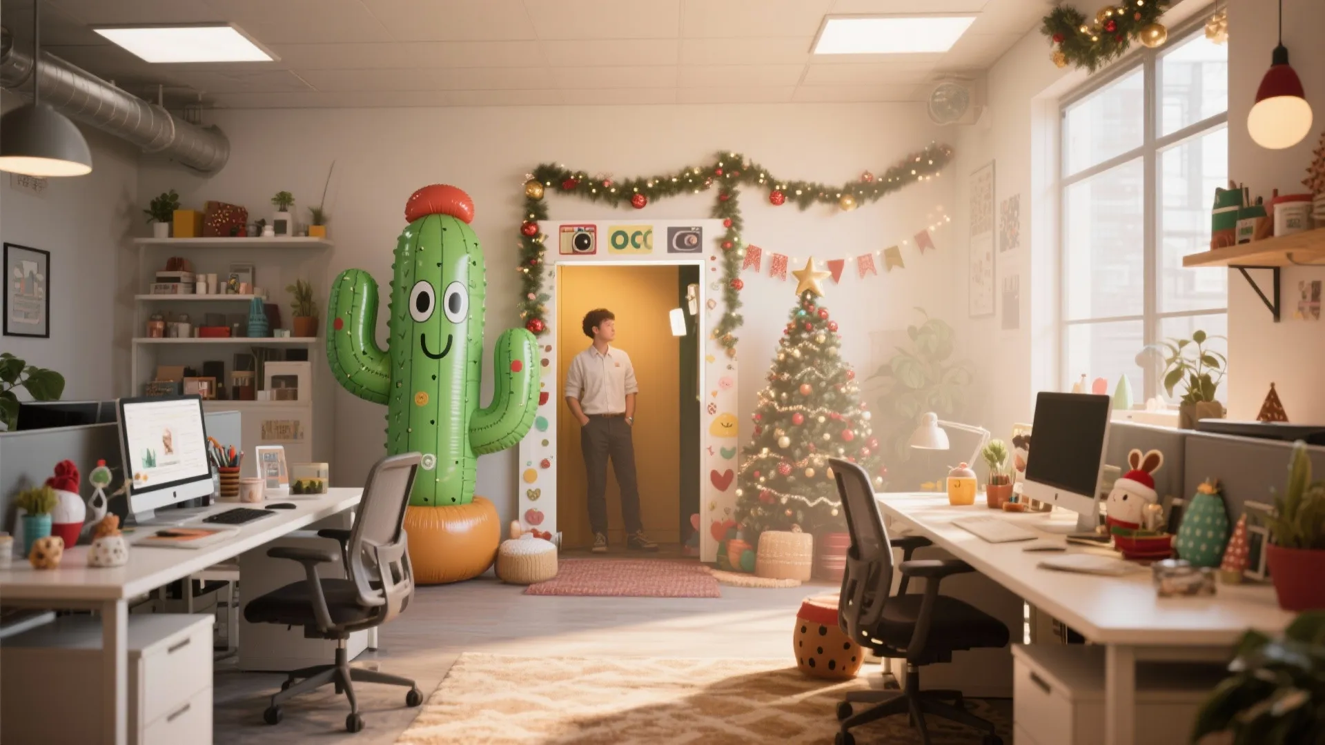 Decorated office interior with Christmas tree and giant cactus balloon for a festive holiday celebration