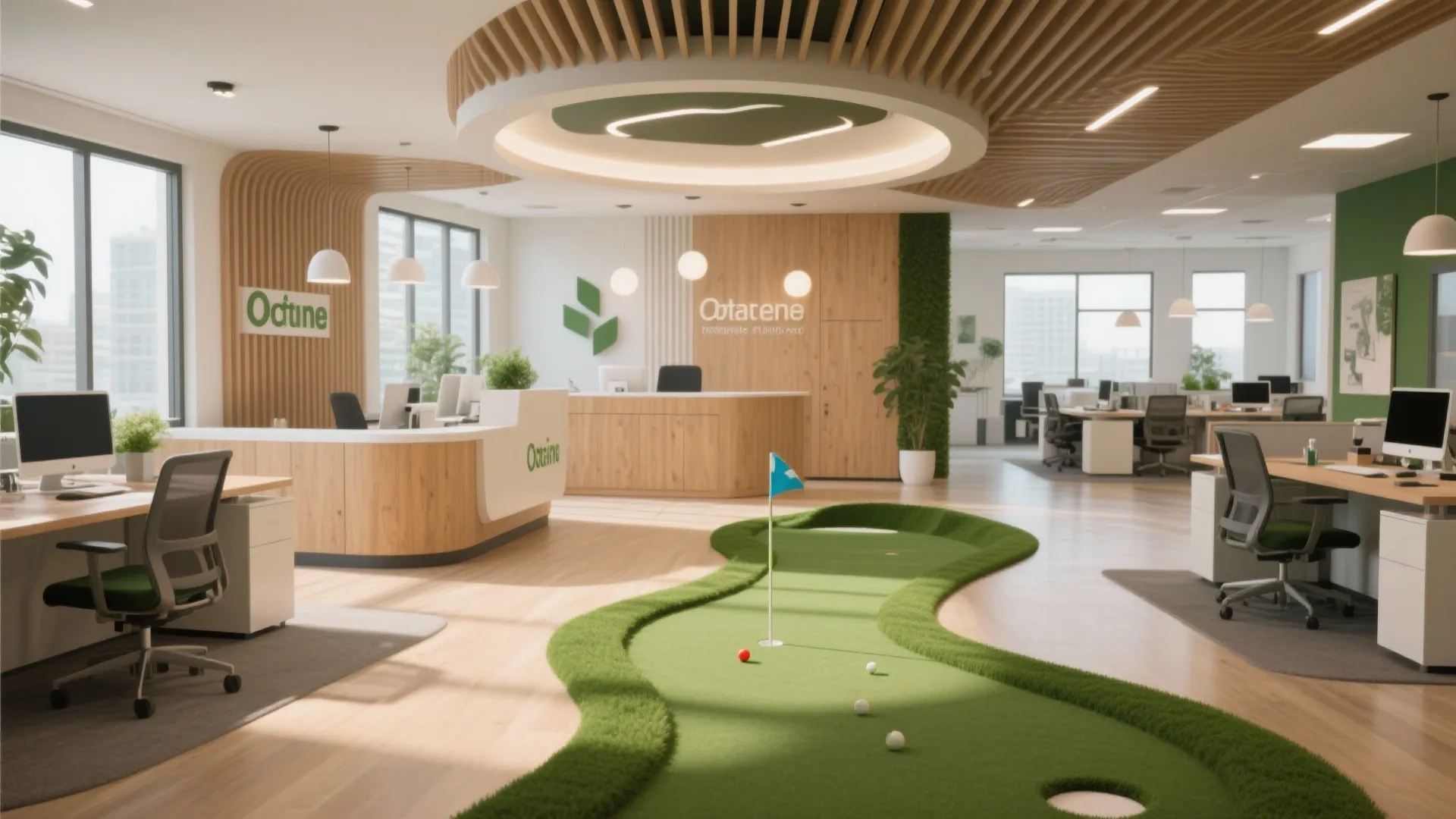 Large green indoor golf area in a modern office with desks wooden walls and ceiling