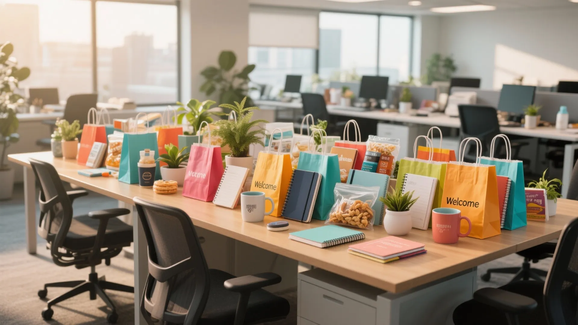Brightly colored gift bags and notebooks arranged on a long wooden desk in modern office