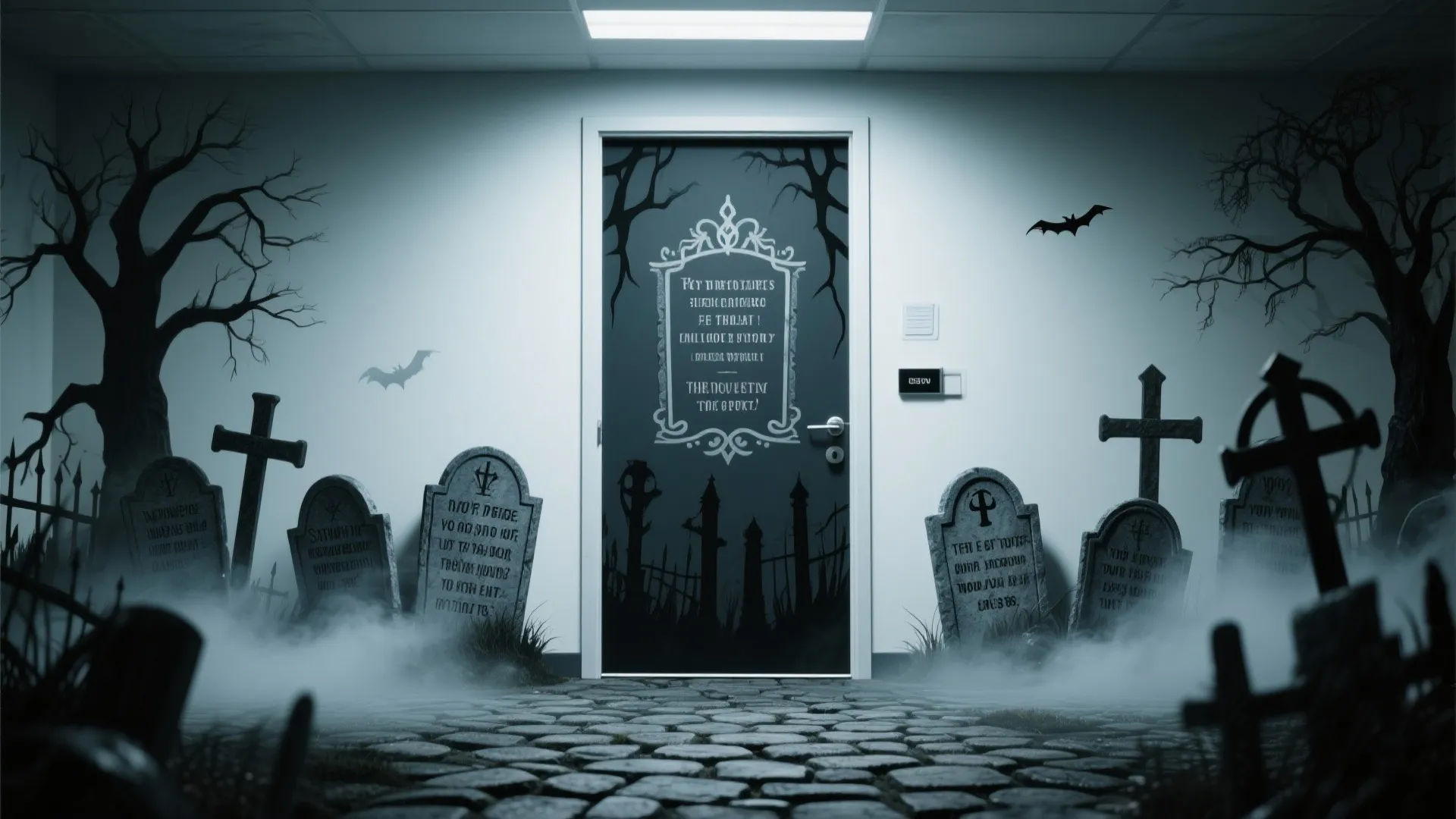 Halloween office entrance decorated with stone graveyard tombstones dead trees and foggy stone floor path