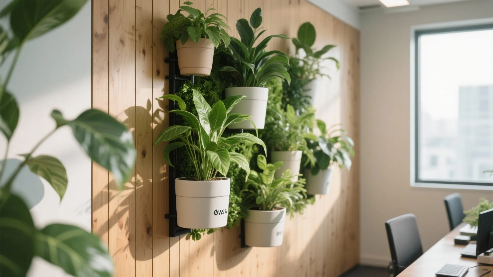 Indoor vertical garden with green plants in white pots mounted on a natural wooden wall