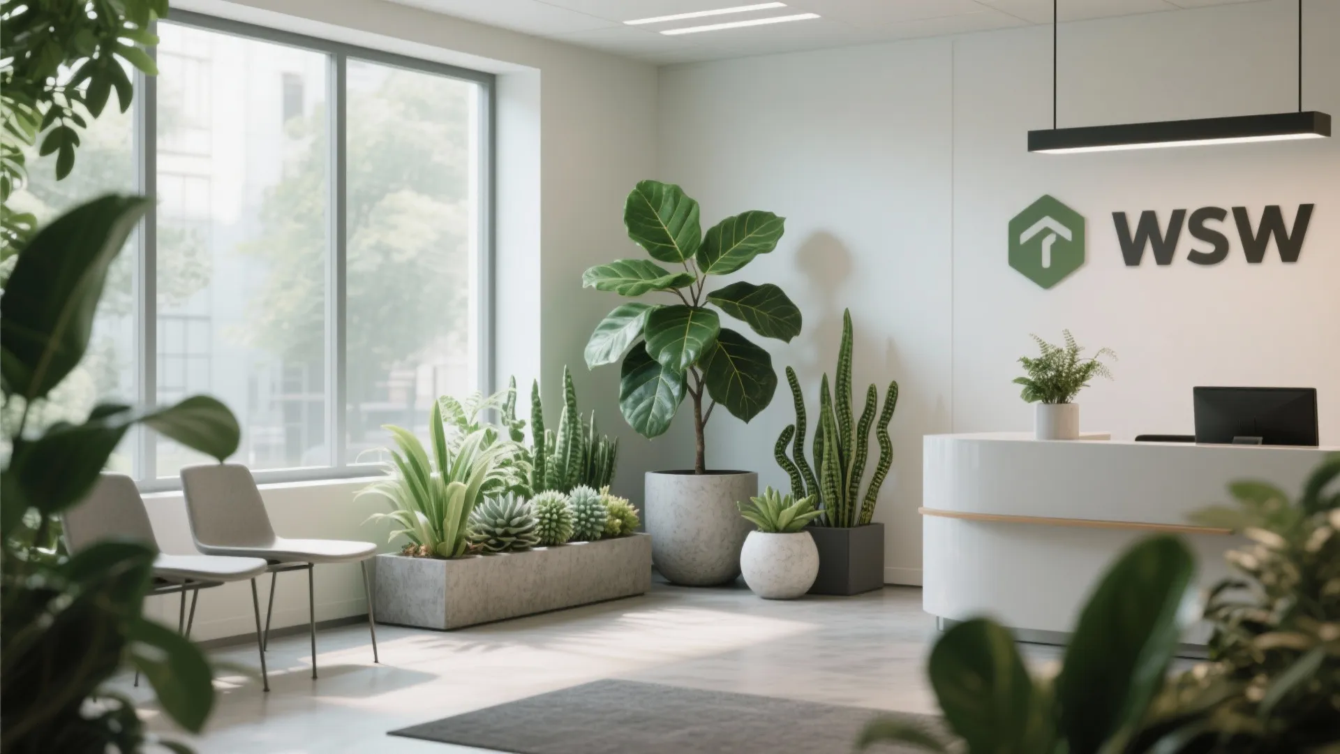 Office corner with lush snake plants and modern planters