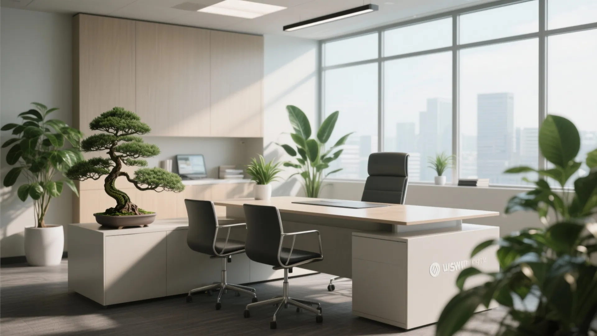 Modern office room with a wooden desk black chairs green plants and large window view