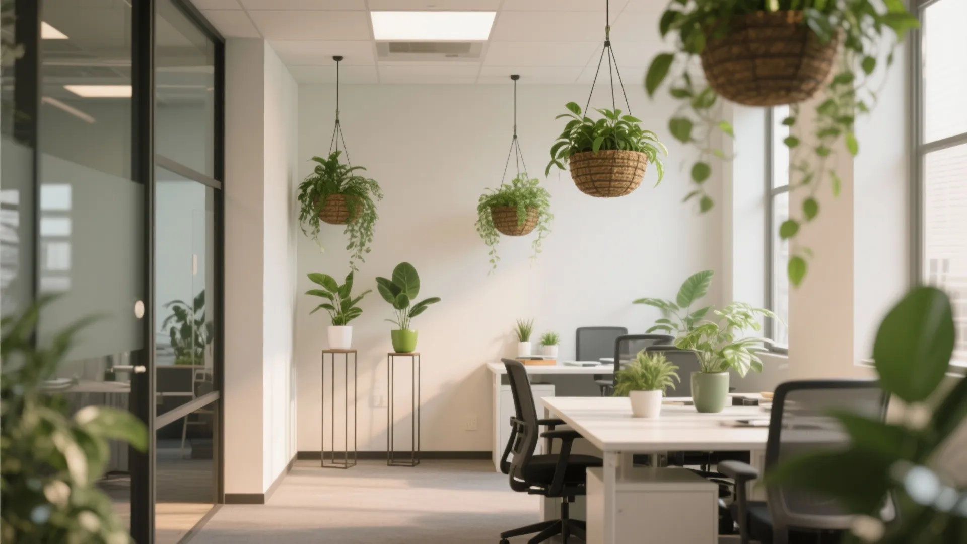 Bright open office space with white desks black chairs and many hanging green potted plants