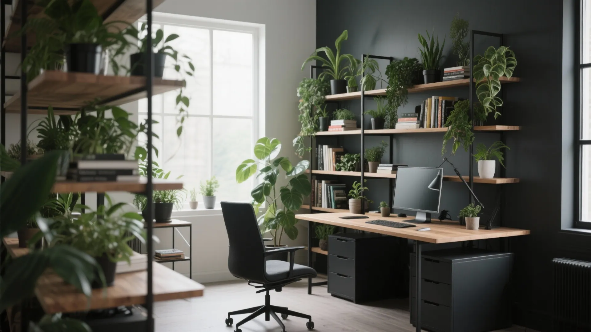 Masculine office with plants and open shelving