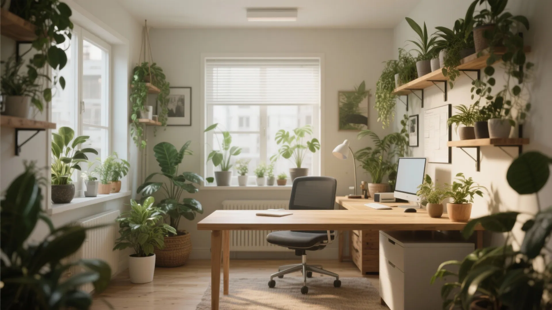 Bright workspace with many green plants wooden corner desk black chair and large window blinds