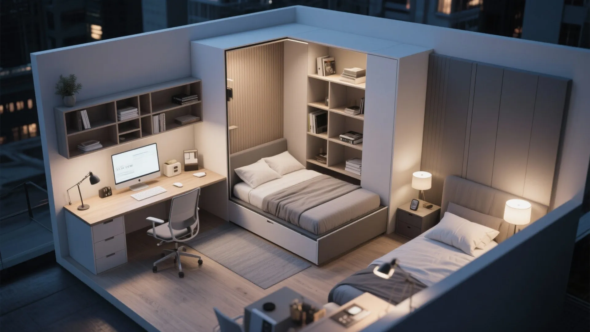 Convertible office with wall bed shown in top-down layout, day and night use visualized