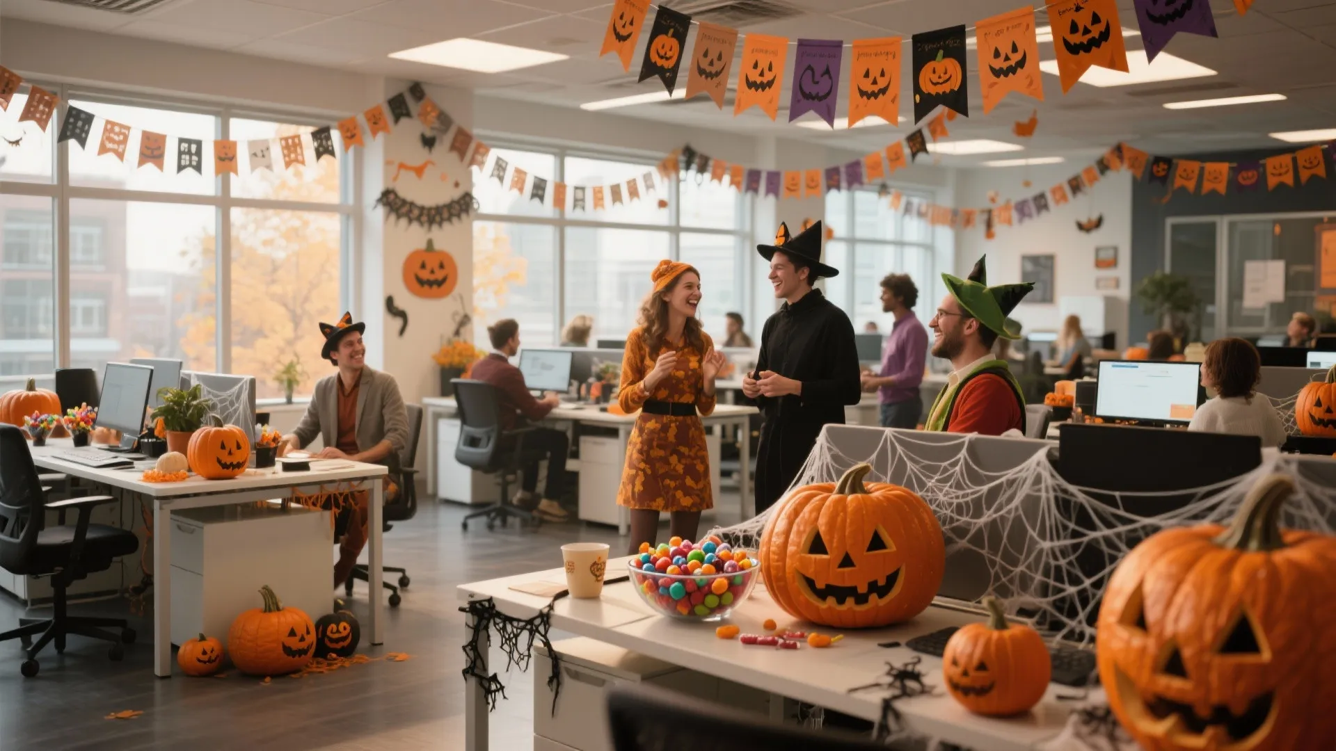 Modern office decorated with Halloween flags and pumpkins while employees wear costumes and chat happily