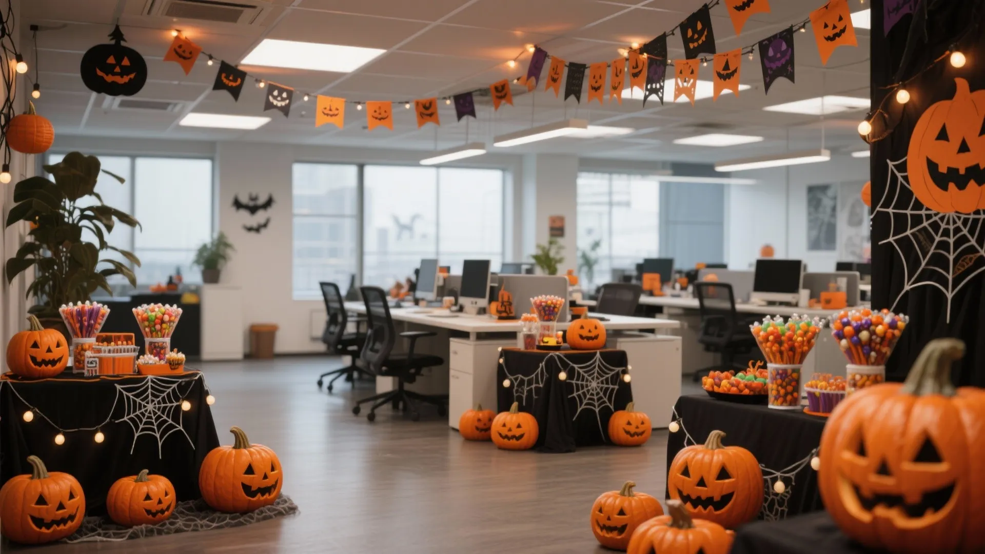 Modern office workspace decorated with orange pumpkins candy bowls and spooky banners for a halloween party