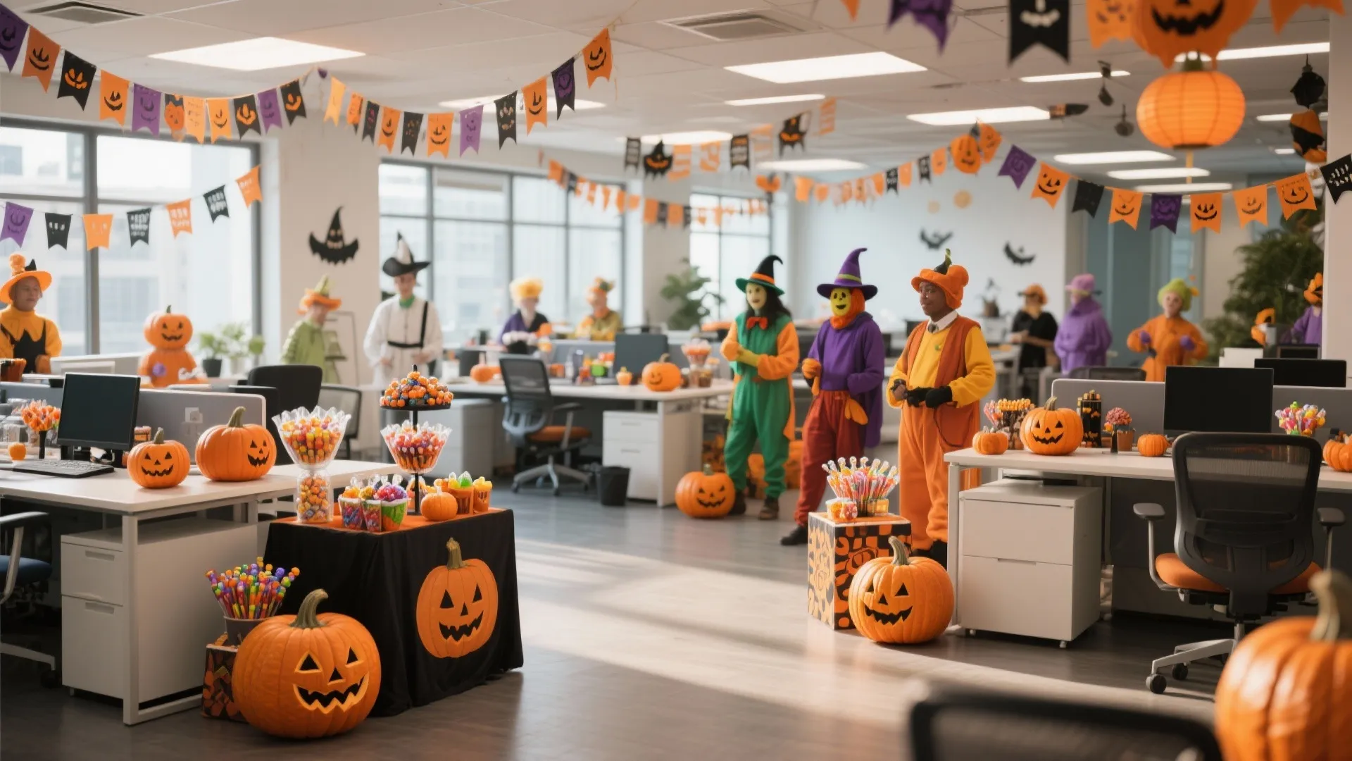 Modern open plan office decorated with Halloween pumpkins banners and people wearing colorful holiday costumes