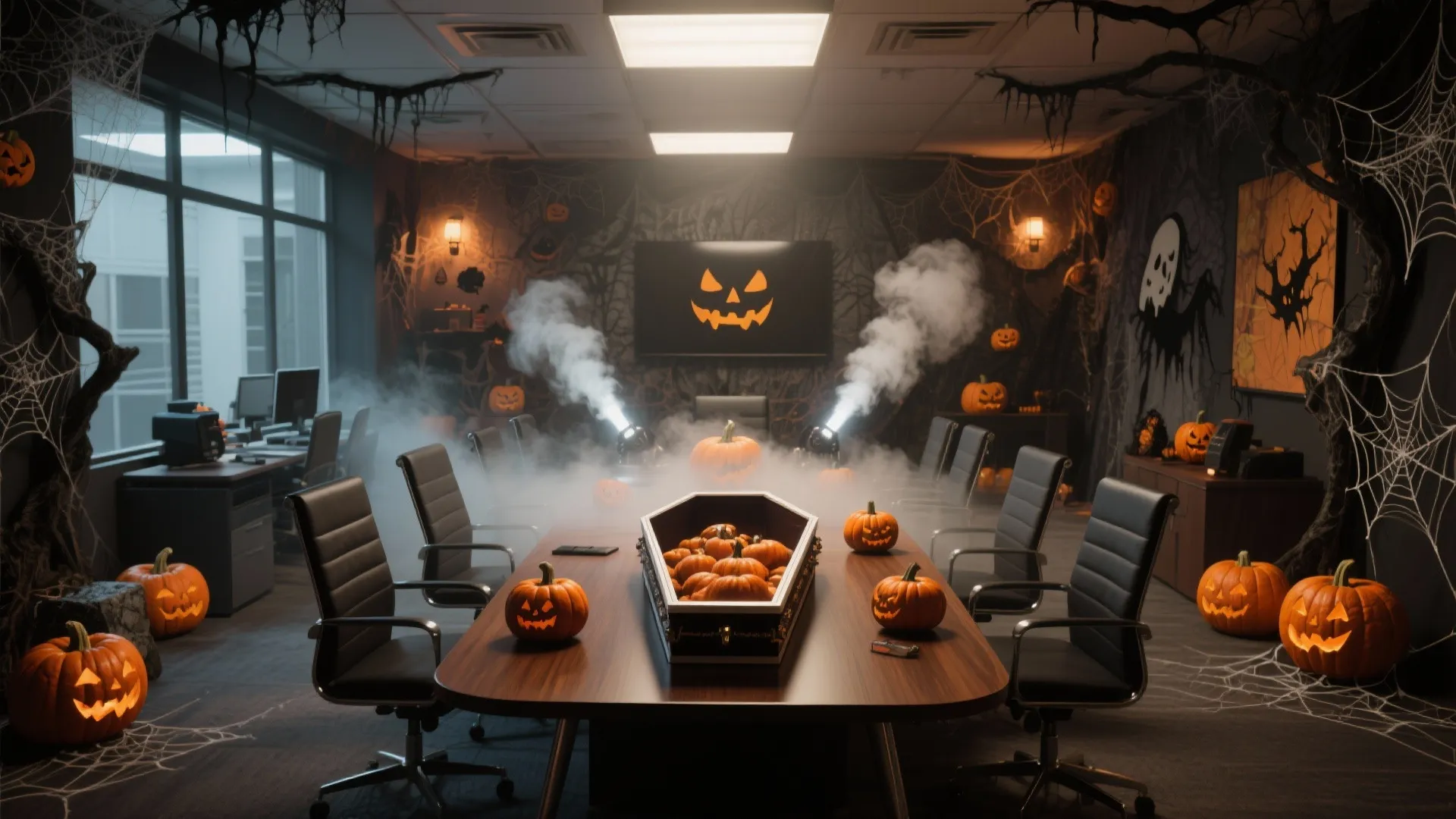 Office conference room decorated for Halloween with scary pumpkins cobwebs smoke effects and black office chairs