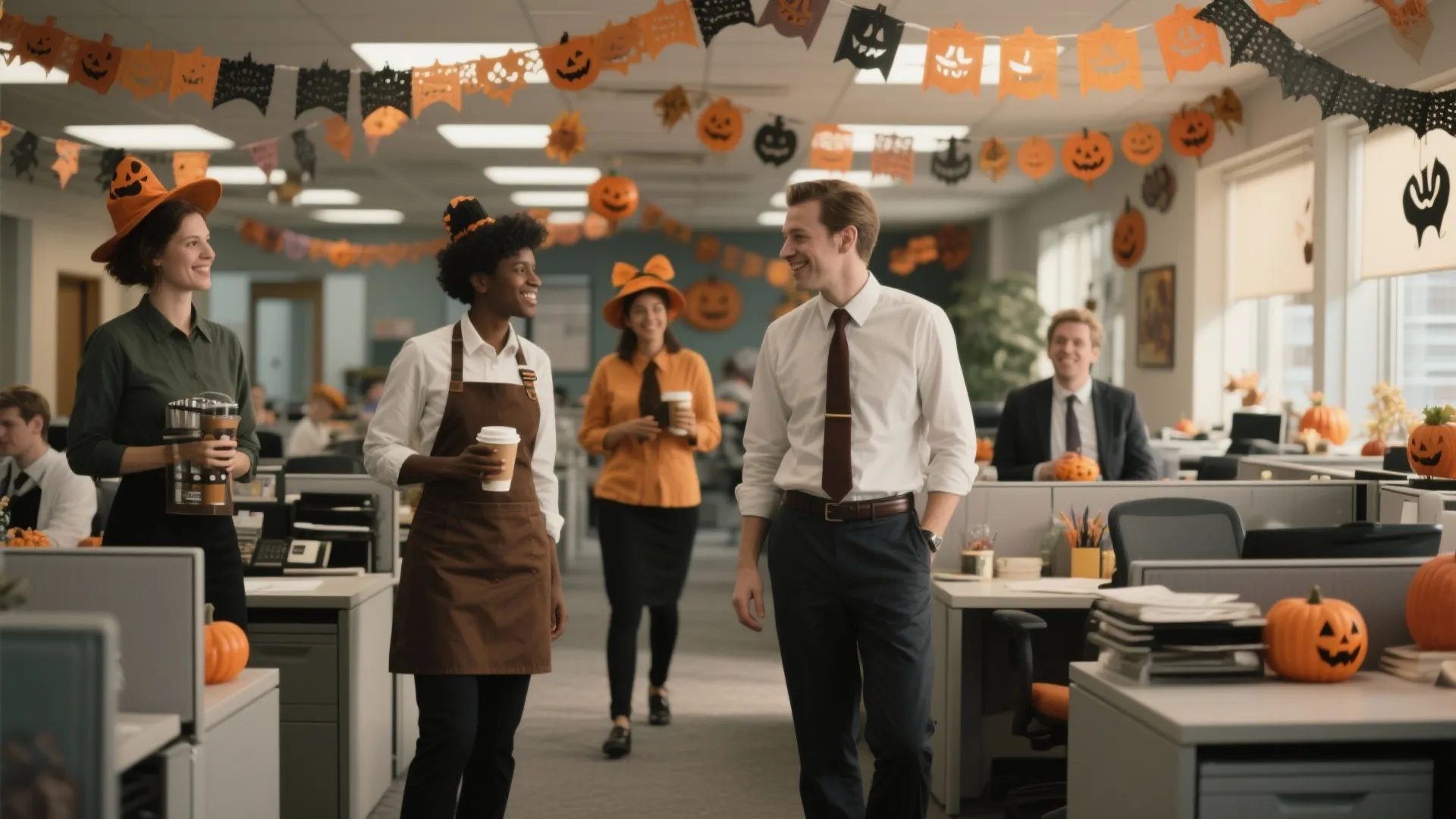 Office employees celebrating Halloween with orange pumpkin decorations and paper banners hanging from the ceiling