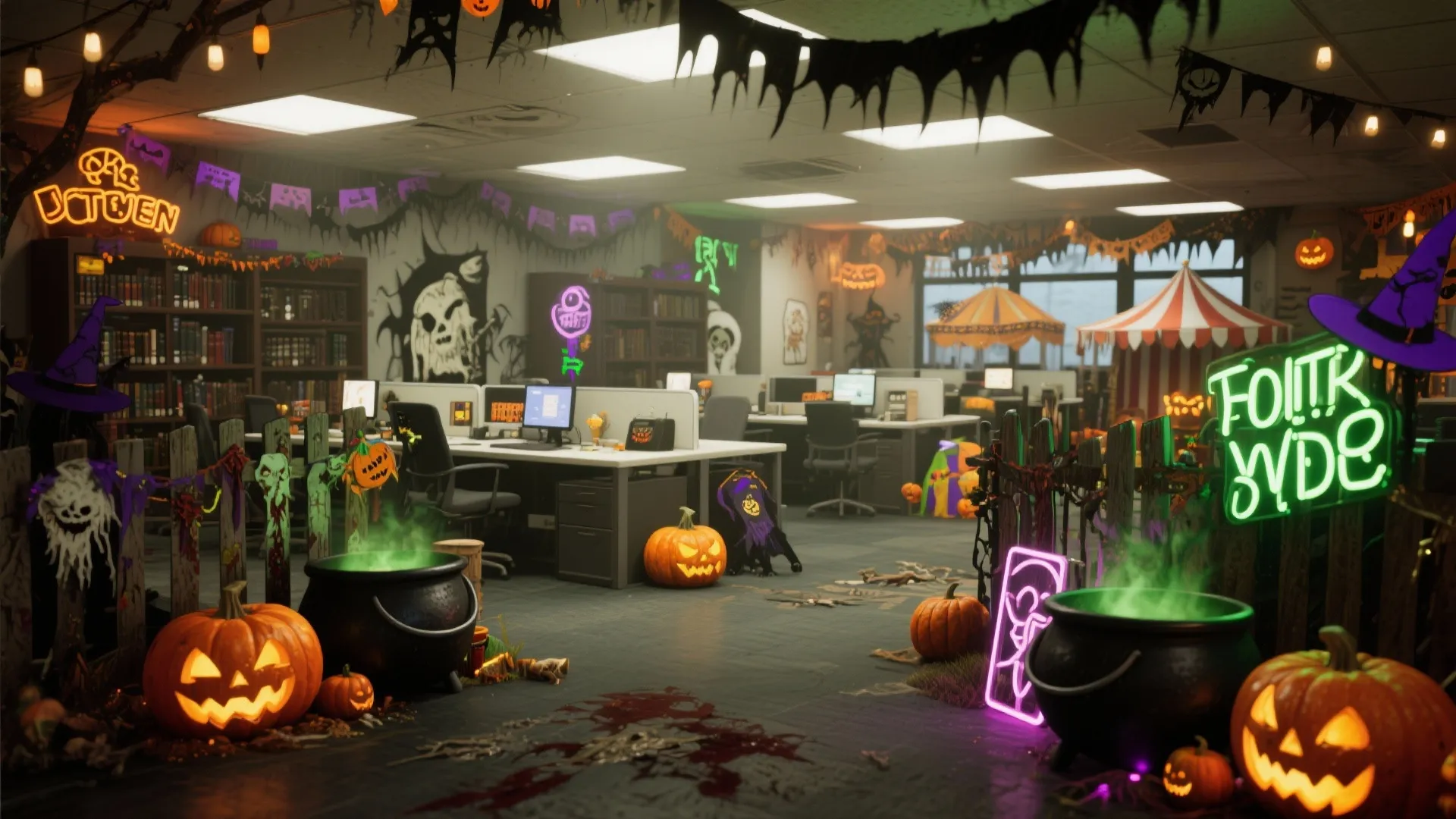Modern office interior decorated for Halloween with pumpkins green smoke neon signs and creepy wall art