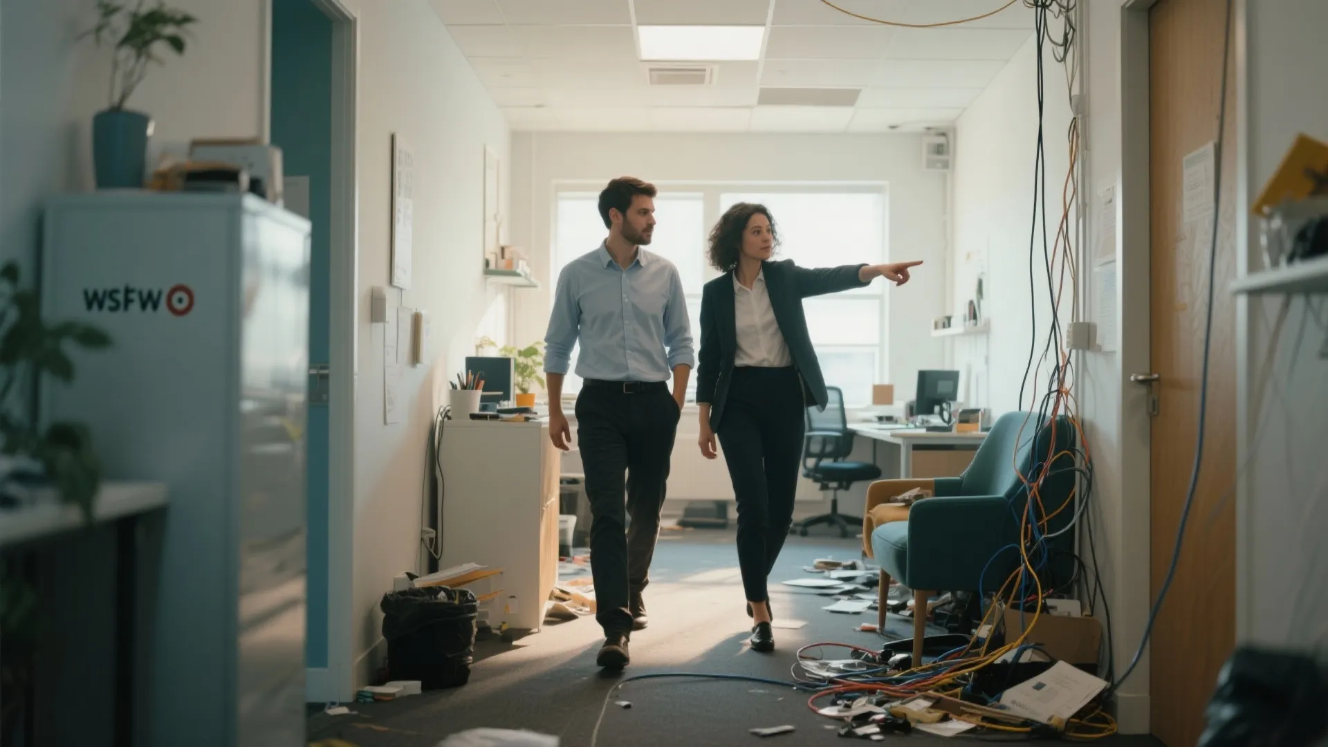 Two office workers walking through a messy hallway with loose hanging wires and cluttered floor