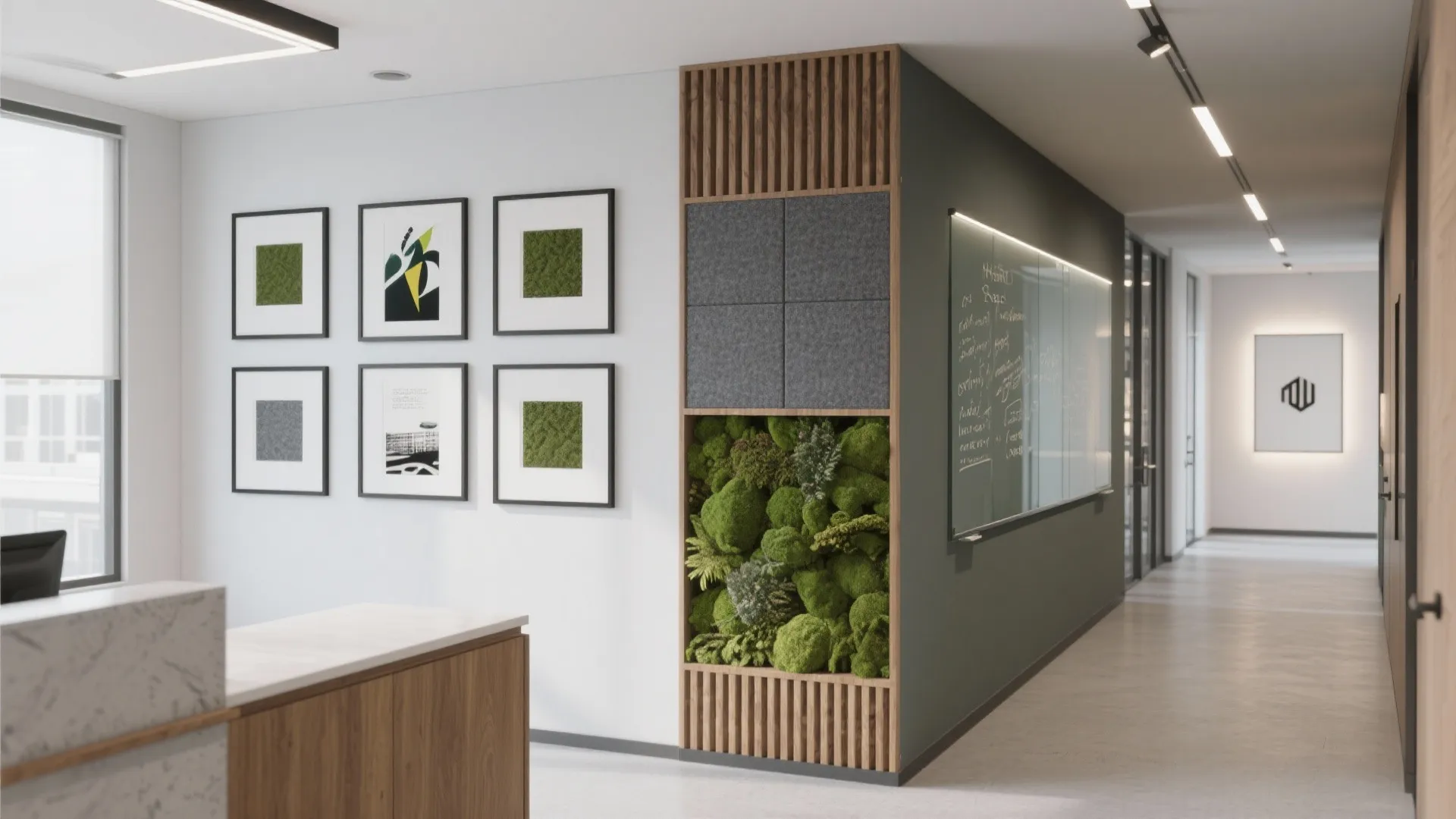 Office interior featuring a green moss wall decoration alongside white walls and a long hallway