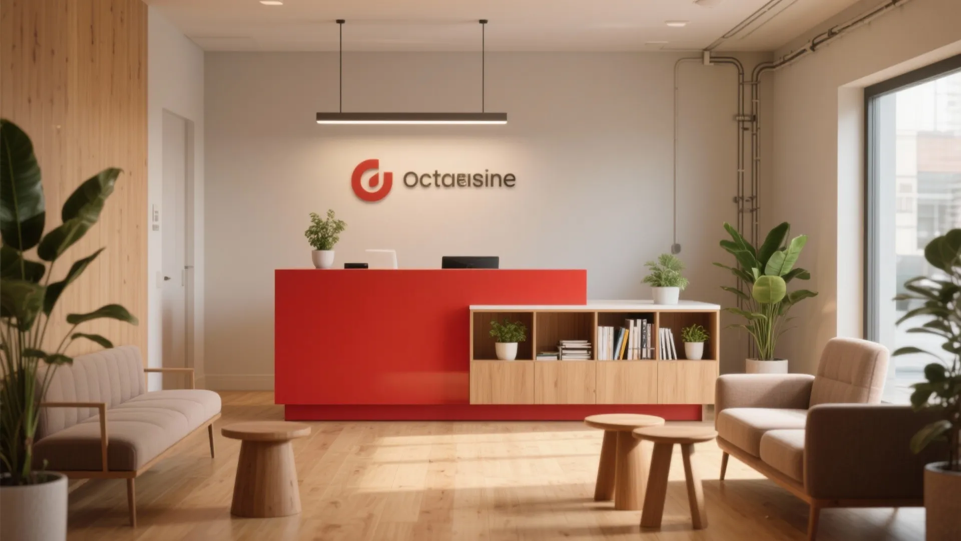 Bright office reception area featuring red desk wooden cabinet grey sofas and light wood flooring design
