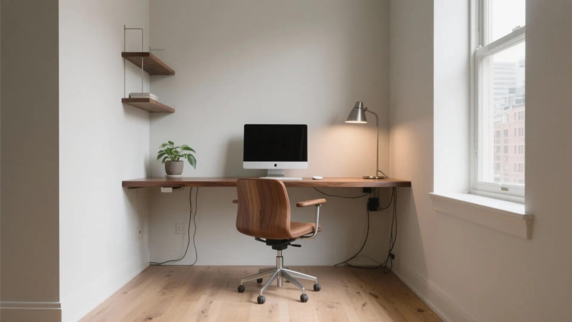 Minimalist workspace with long wooden desk brown chair computer monitor desk lamp and wall shelves