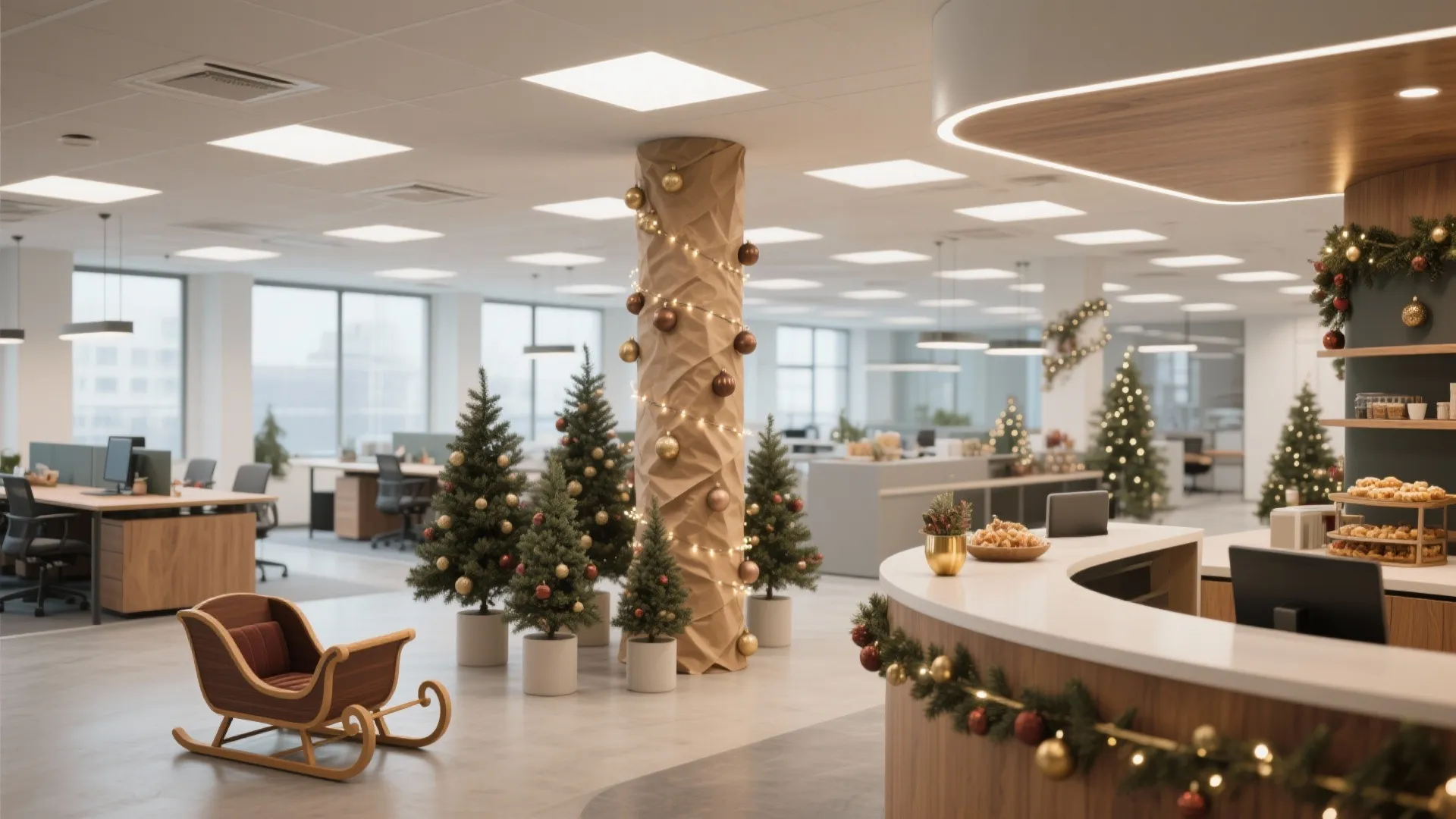Modern office lobby decorated for Christmas with small trees a wooden sleigh and festive greenery