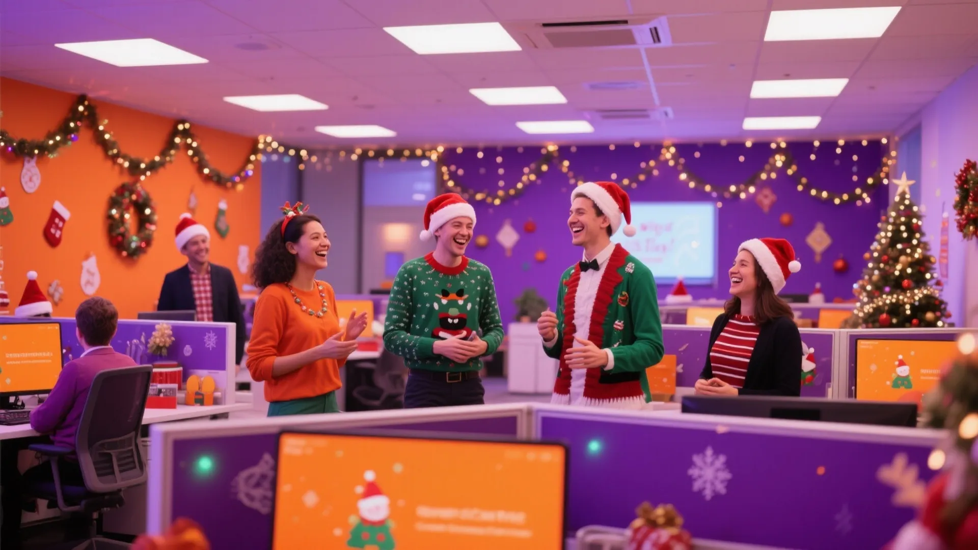 Group of happy employees wearing Christmas hats and sweaters celebrating in a decorated purple office