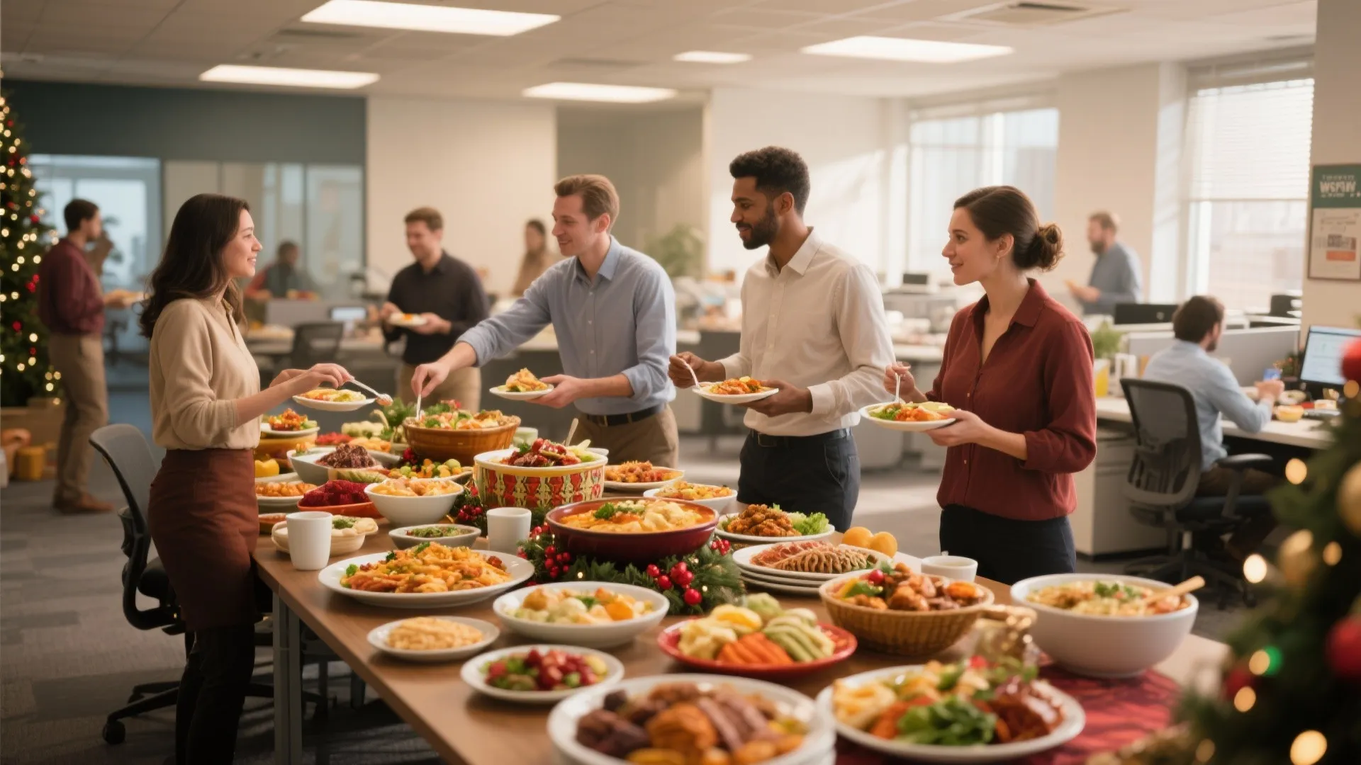 Coworkers gathering around a long table filled with various food dishes during an office party