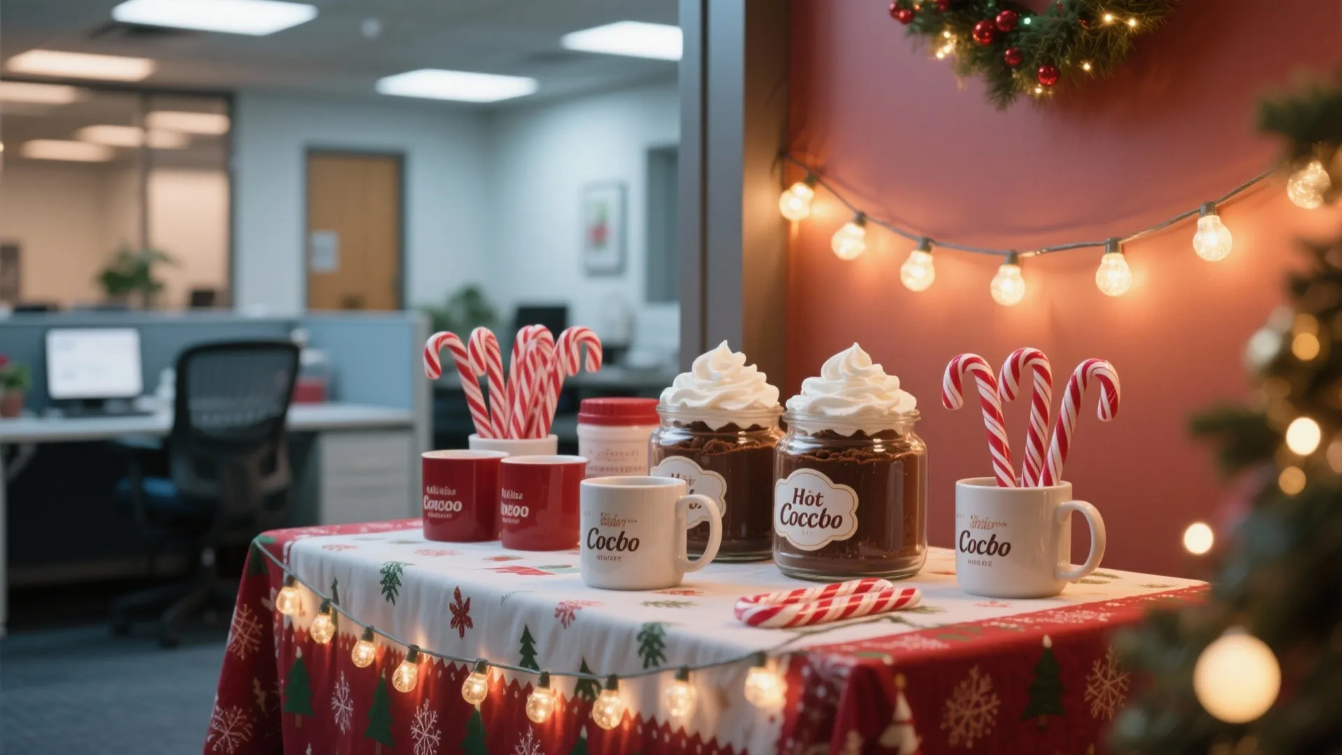 Office hot cocoa station featuring red mugs candy canes jars of chocolate and festive lights