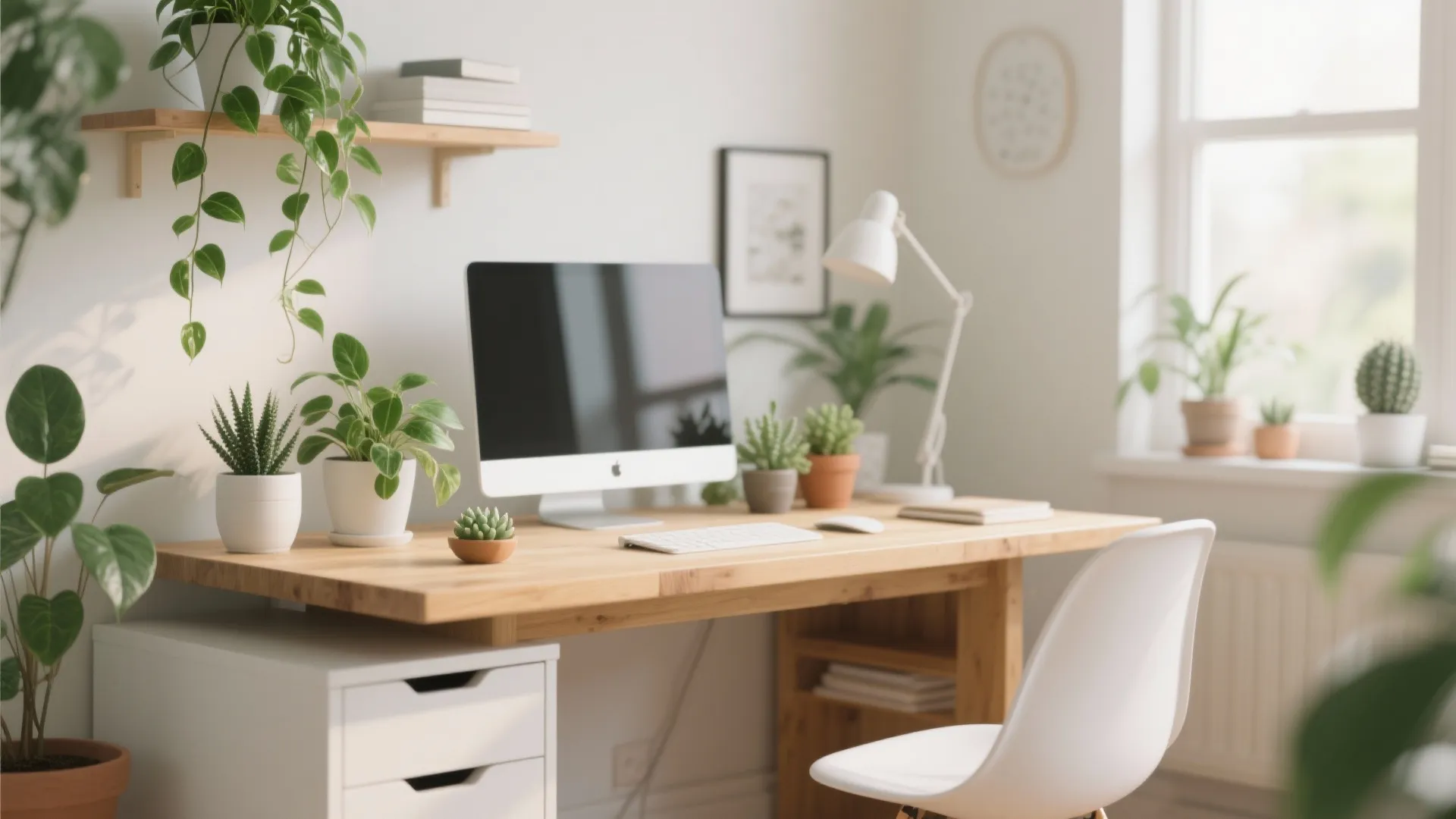 Bright home office with wooden desk white chair many green potted plants and computer monitor