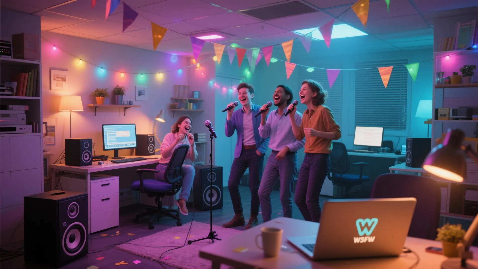 Happy coworkers singing together during an office karaoke party with colorful lights and musical equipment setup