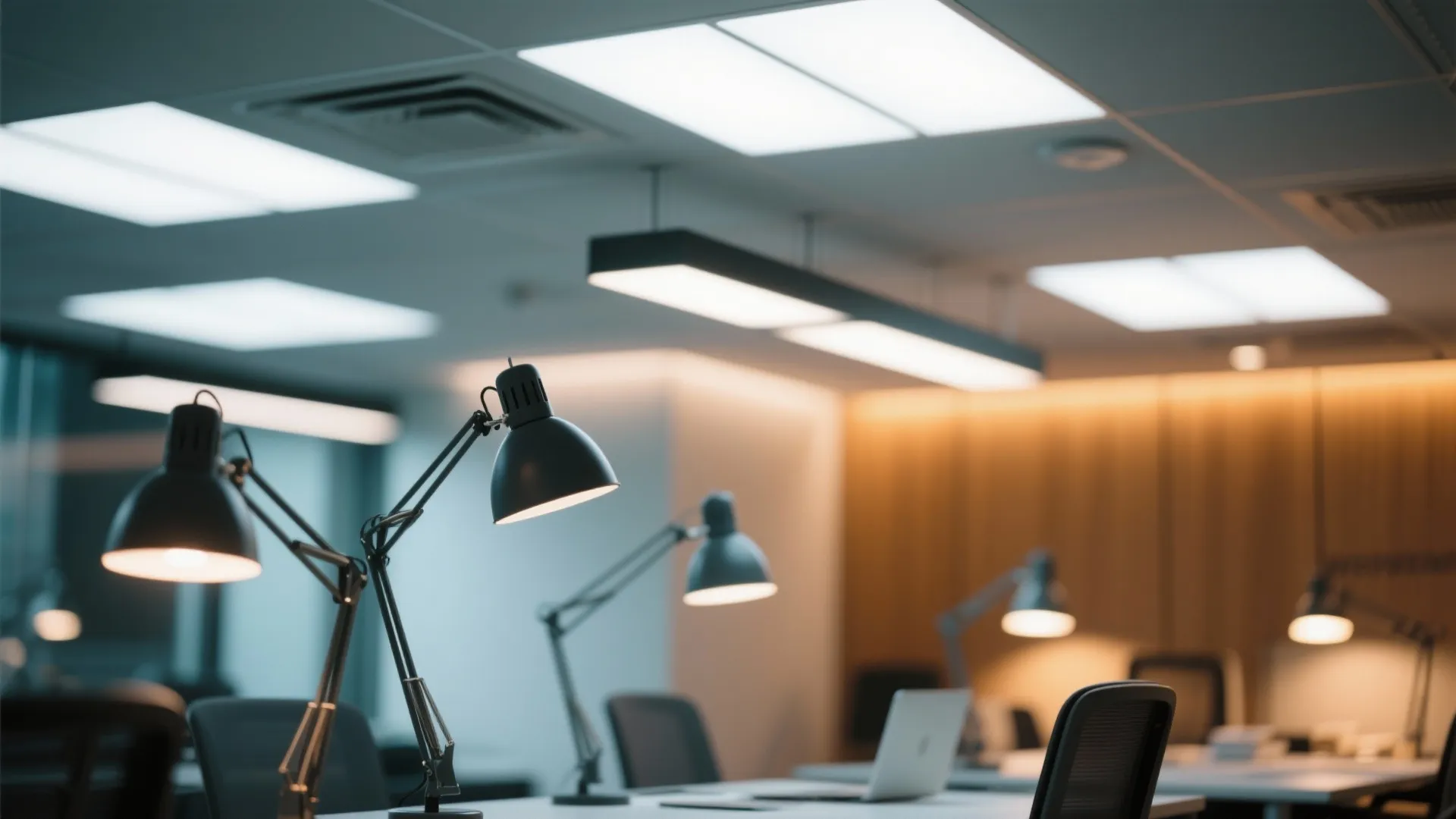 Office workspace with several black desk lamps overhead ceiling lights and a long hanging light