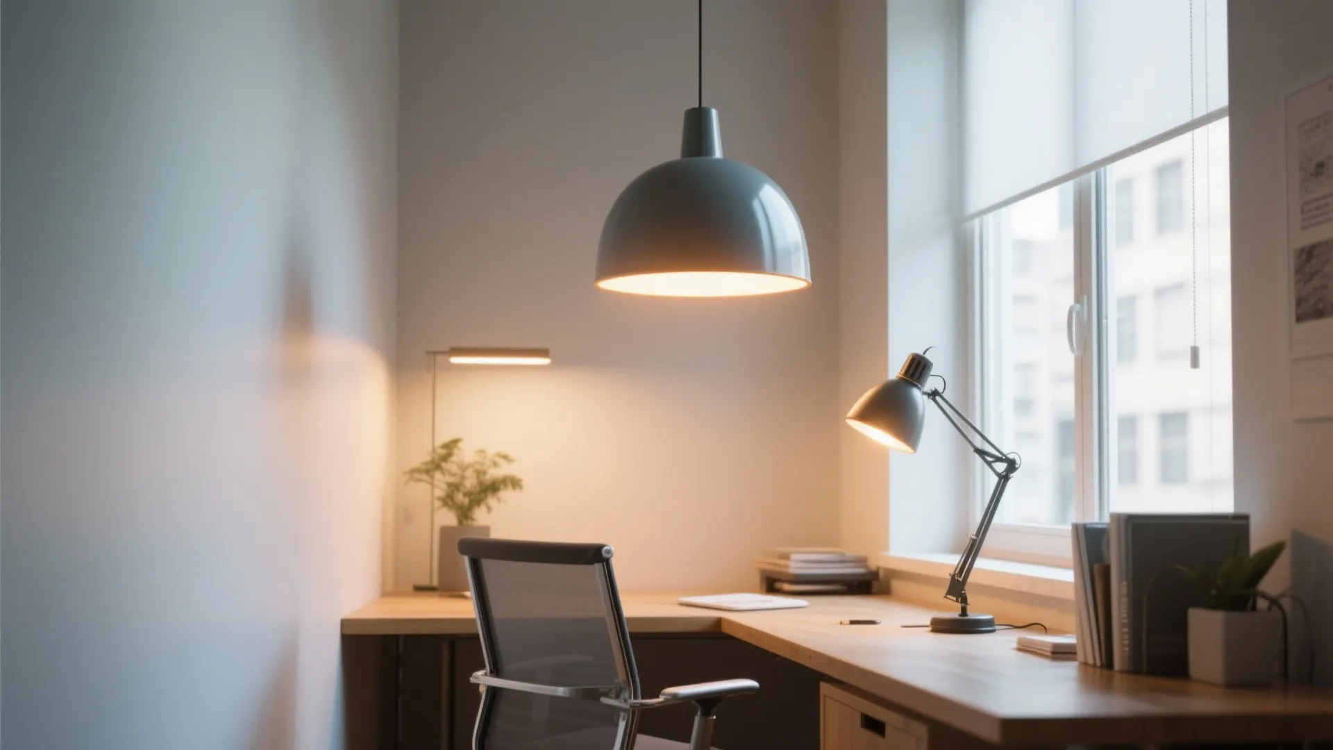 Layered lighting setup in a cozy modern office corner